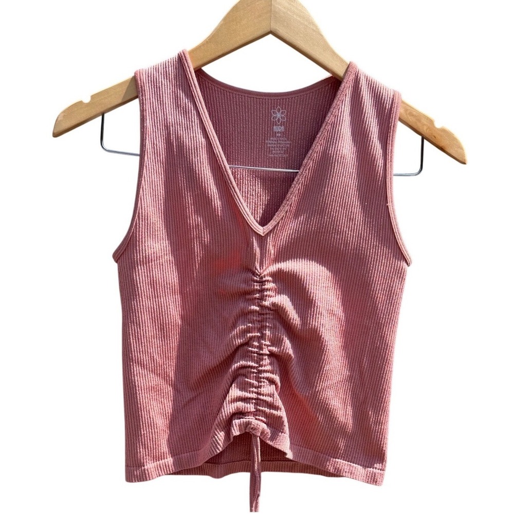Aura‎ Women Pink Ribbed Cinched Front Tank Top V-Neck Ruched Cropped  S/M